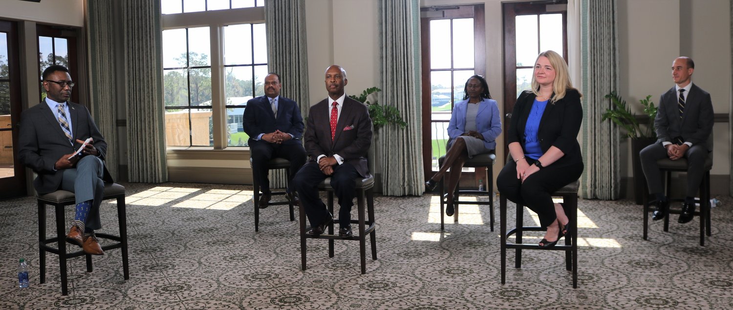 A panel of experts discusses health care disparities during a virtual presentation Friday, March 5, at TPC Sawgrass. Pictured from left are moderator Charles Griggs; front row, Dr. Leon Haley Jr. and Megan Denk; back row, Michael Currie, Dr. Laureen Husband and David Garfunkel.